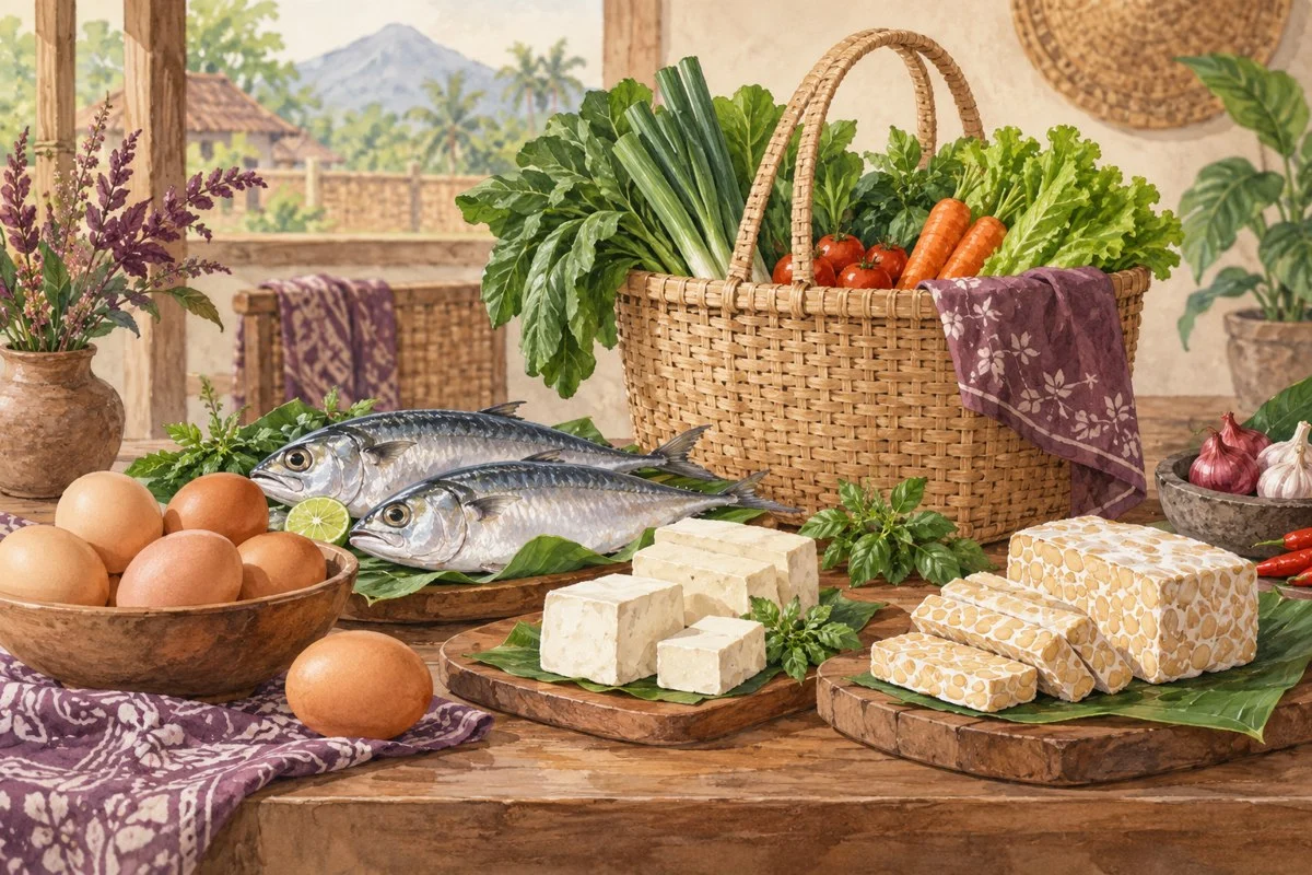 Ilustrasi lauk hewani dan nabati untuk rencana makan mingguan