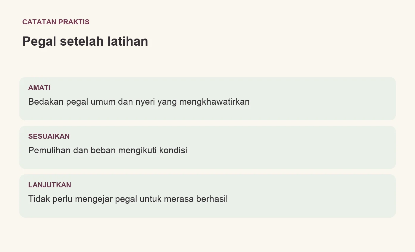 Pegal setelah latihan. AMATI: Bedakan pegal umum dan nyeri yang mengkhawatirkan. SESUAIKAN: Pemulihan dan beban mengikuti kondisi. LANJUTKAN: Tidak perlu mengejar pegal untuk merasa berhasil