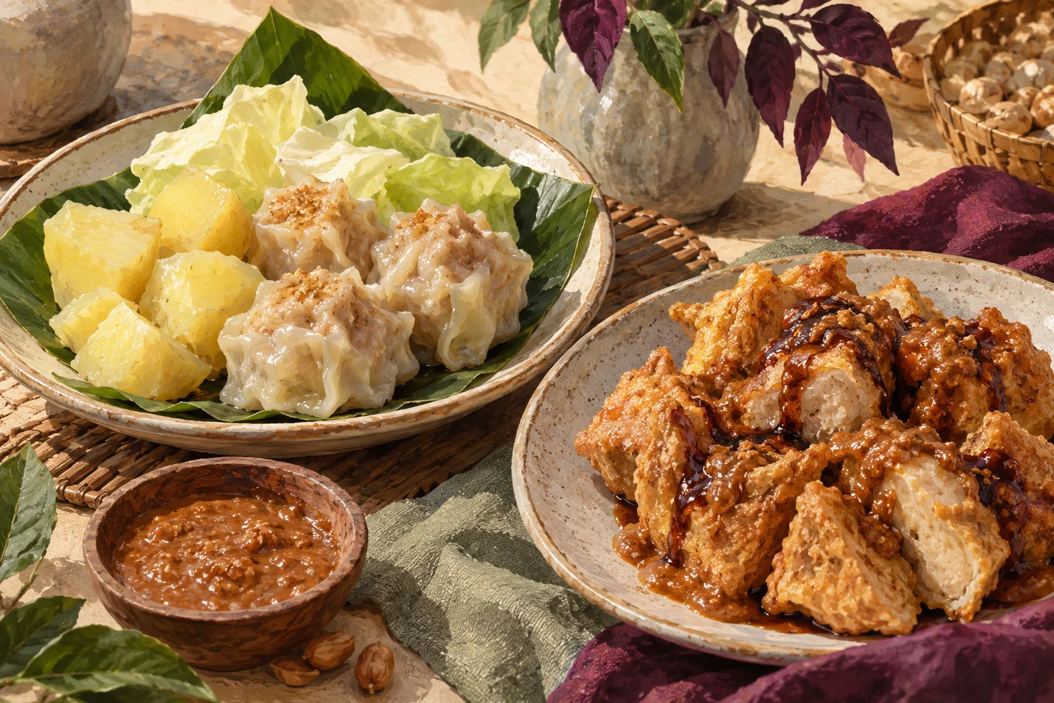 Ilustrasi siomay kukus dan batagor goreng dalam dua piring terpisah