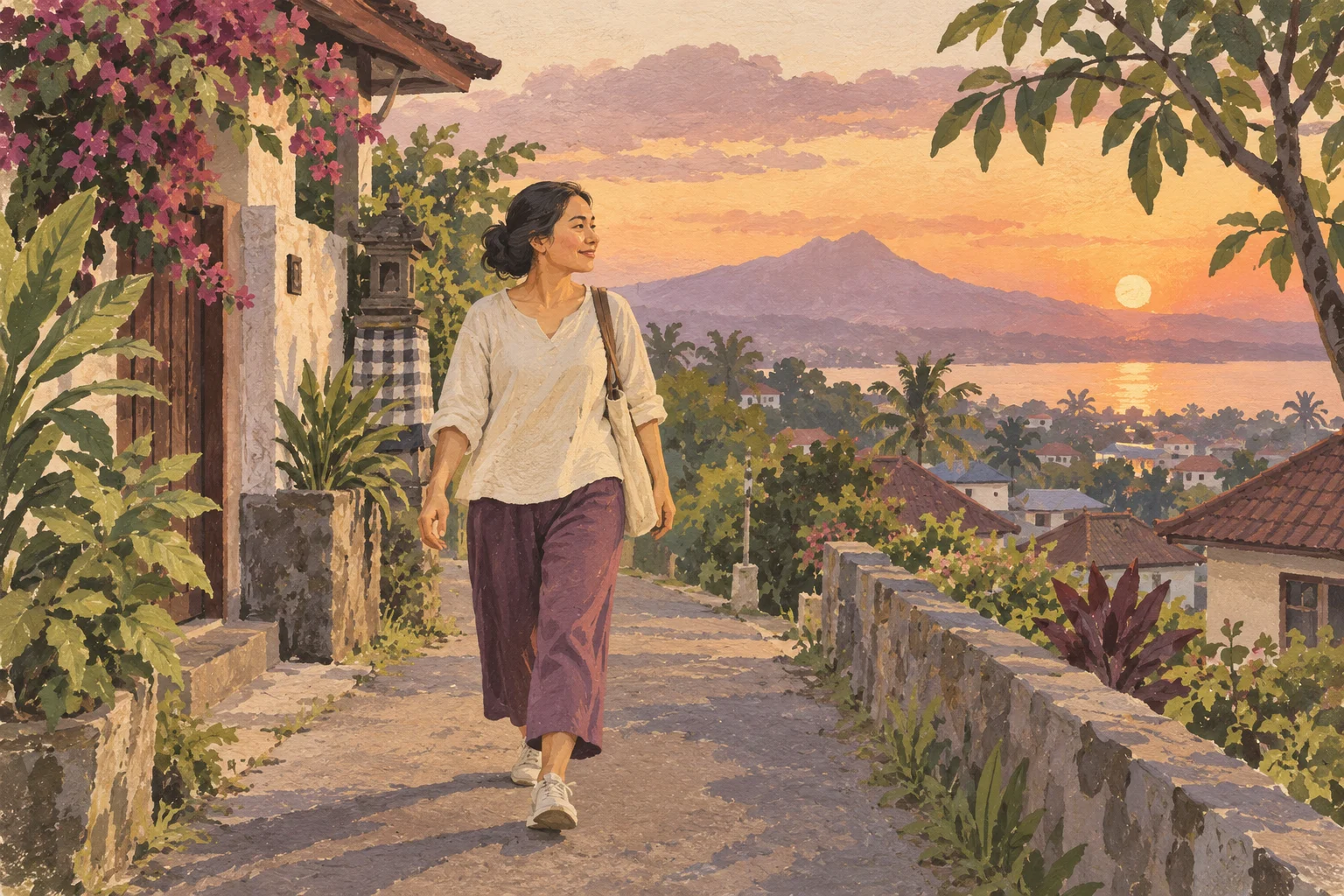 Ilustrasi perempuan berjalan santai di lingkungan rumah pada sore hari