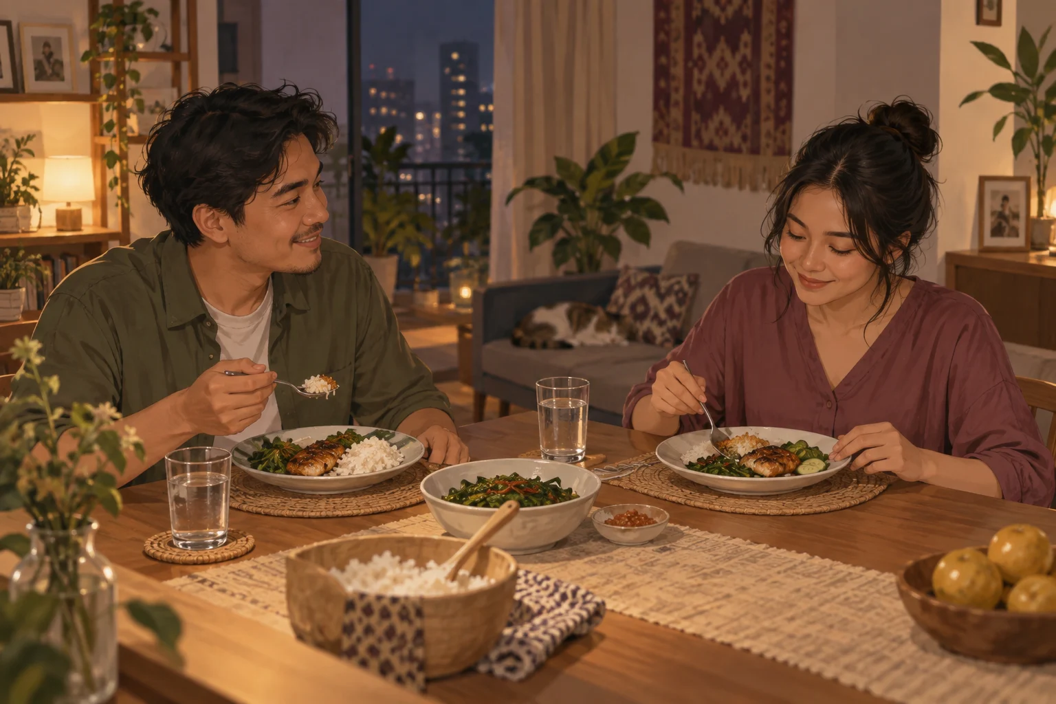 Ilustrasi makan malam sederhana di apartemen pada malam hari