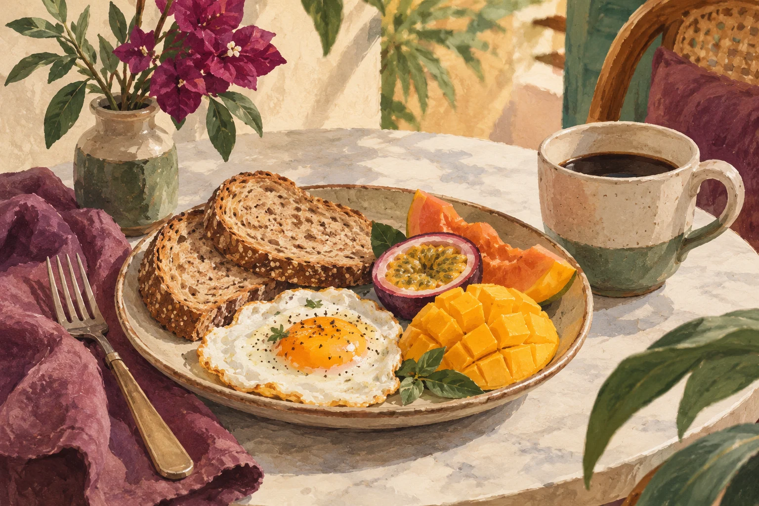 Ilustrasi roti, telur, dan buah dalam sarapan praktis di meja kecil