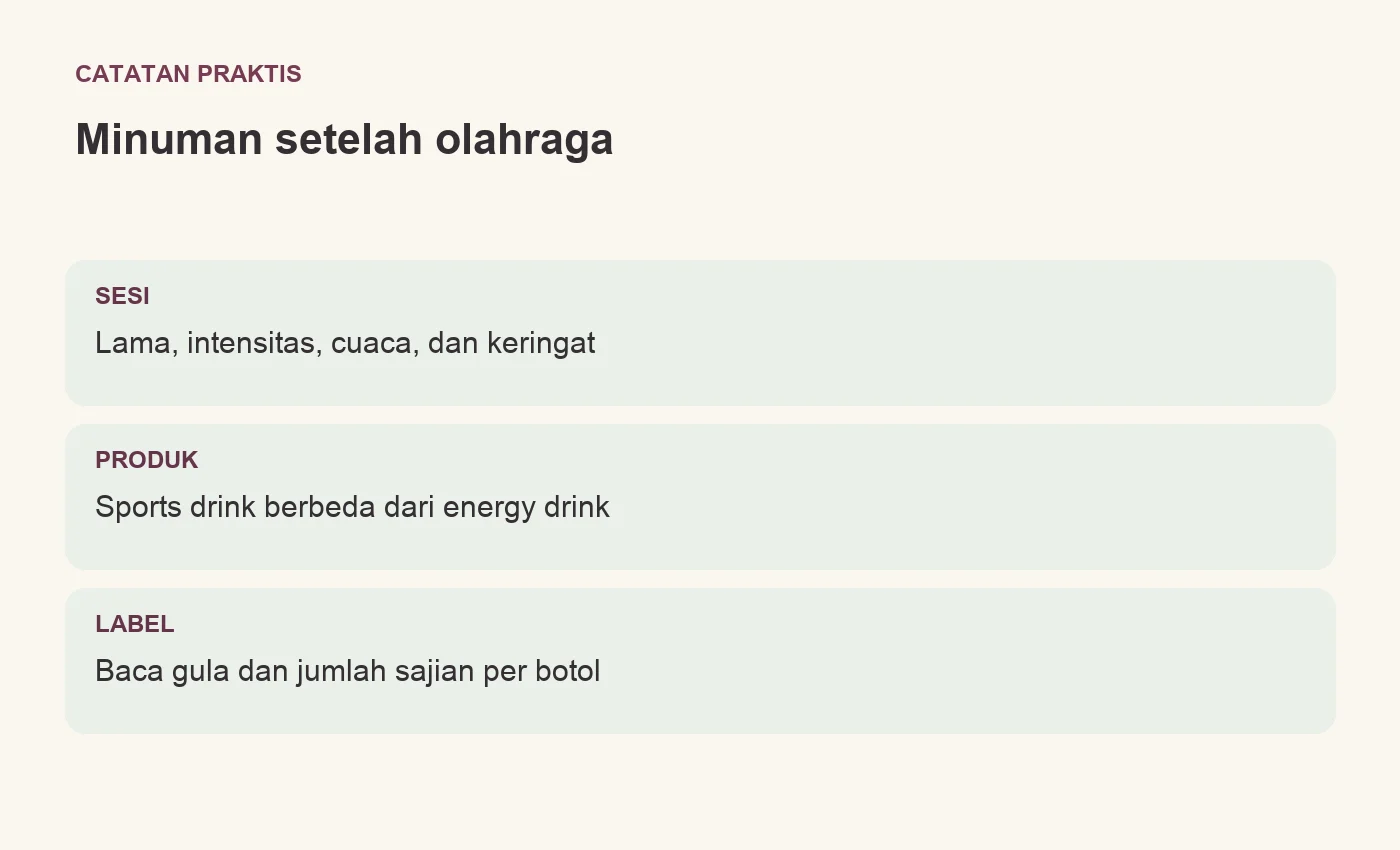 Minuman setelah olahraga. SESI: Lama, intensitas, cuaca, dan keringat. PRODUK: Sports drink berbeda dari energy drink. LABEL: Baca gula dan jumlah sajian per botol