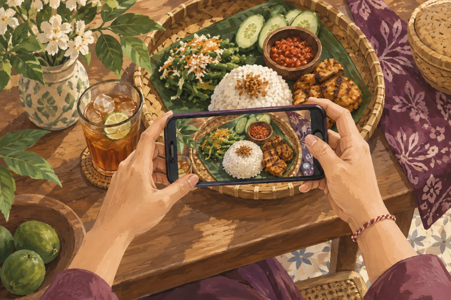 Ilustrasi ponsel memotret satu piring makan dari atas