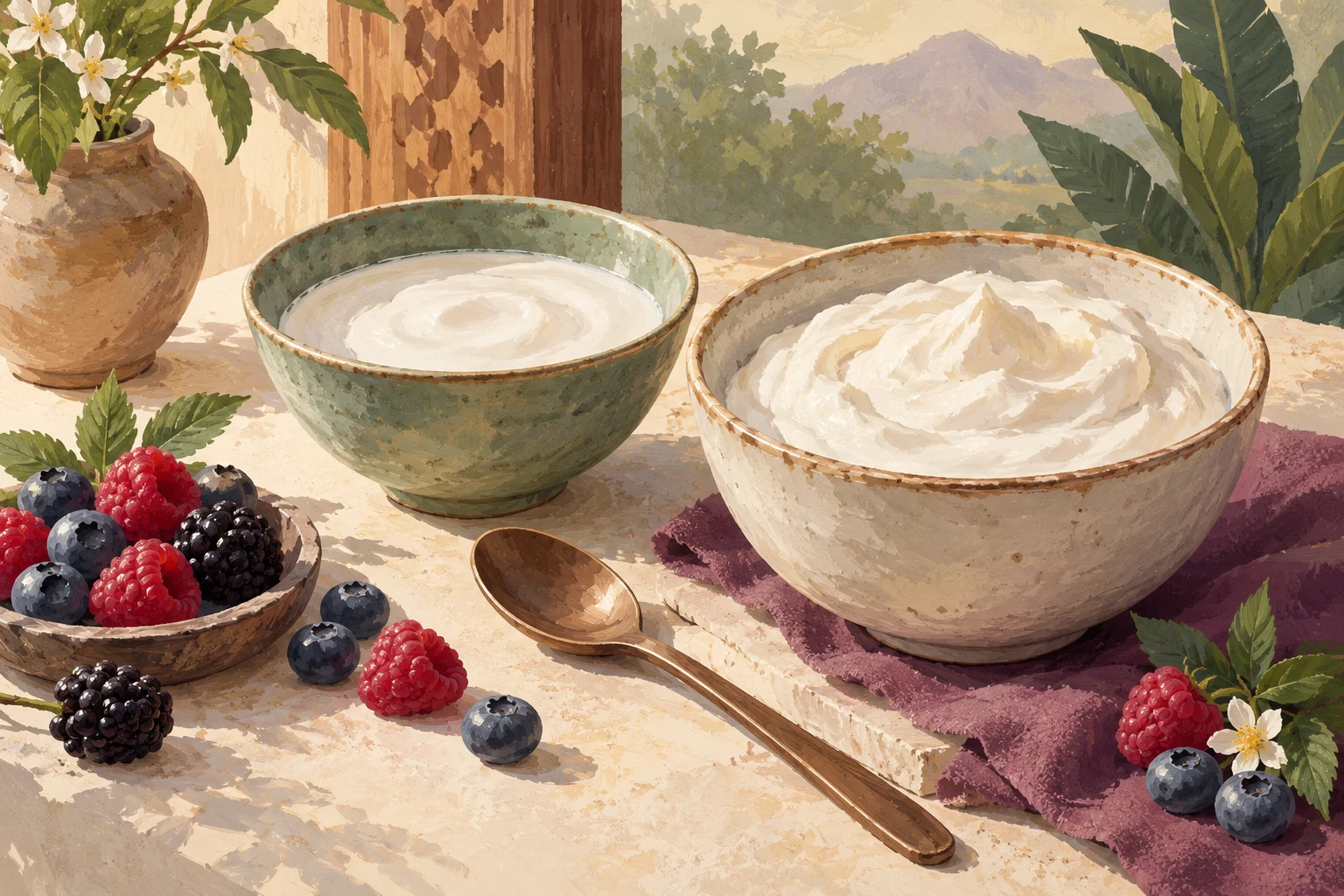 Ilustrasi dua mangkuk yoghurt dengan topping buah terpisah