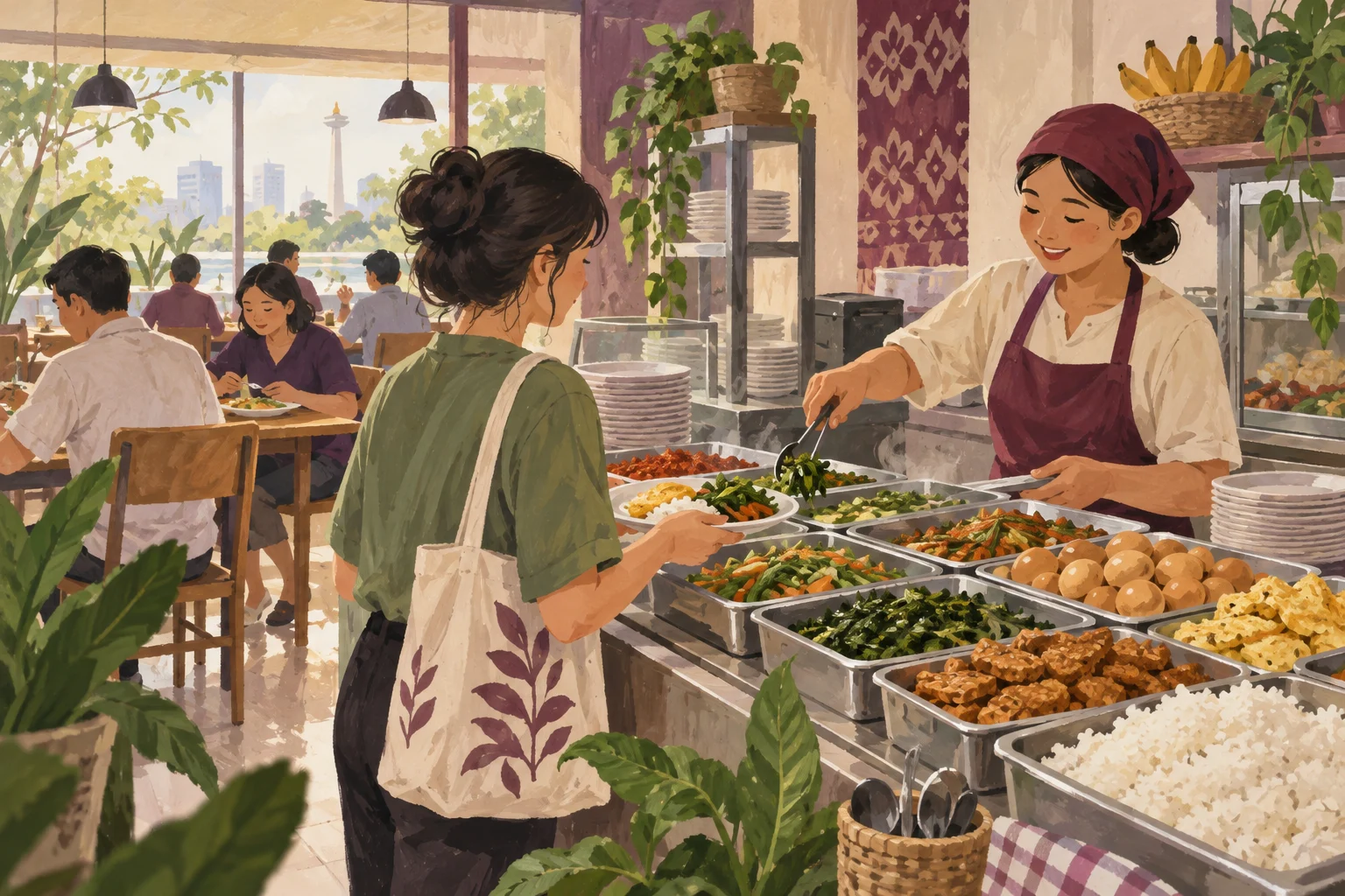 Ilustrasi pekerja memilih lauk dan sayur di kantin Indonesia