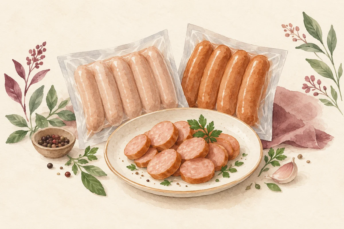 Ilustrasi protein sosis dengan nuansa krem, plum, dan sage