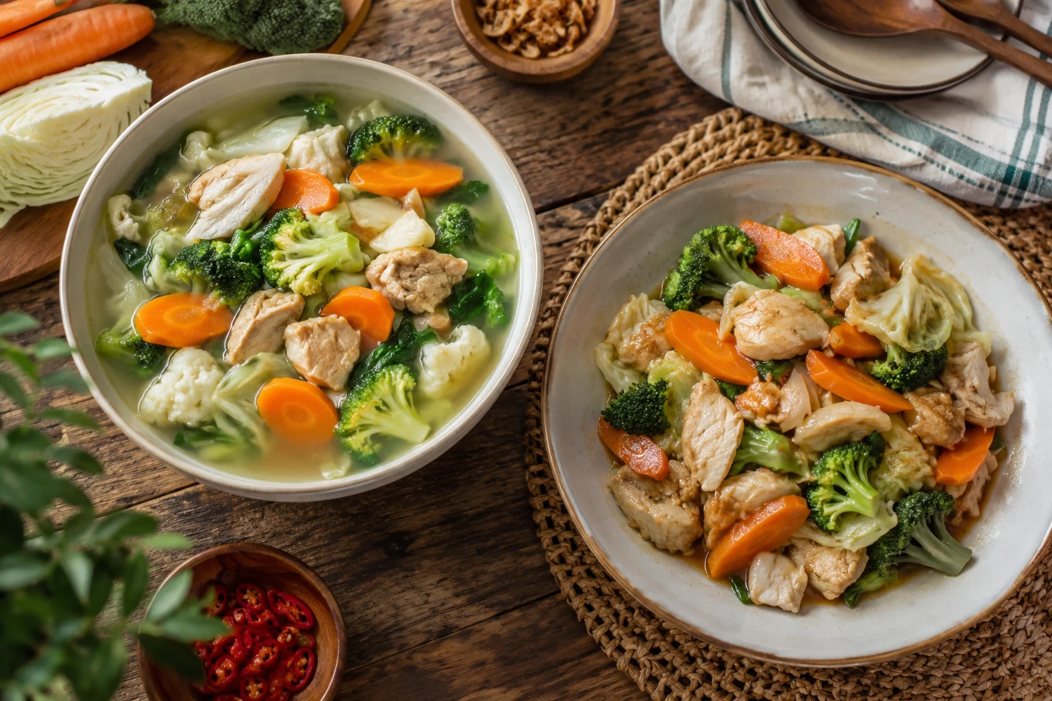 Capcay kuah dan capcay tumis dengan sayur serta potongan ayam