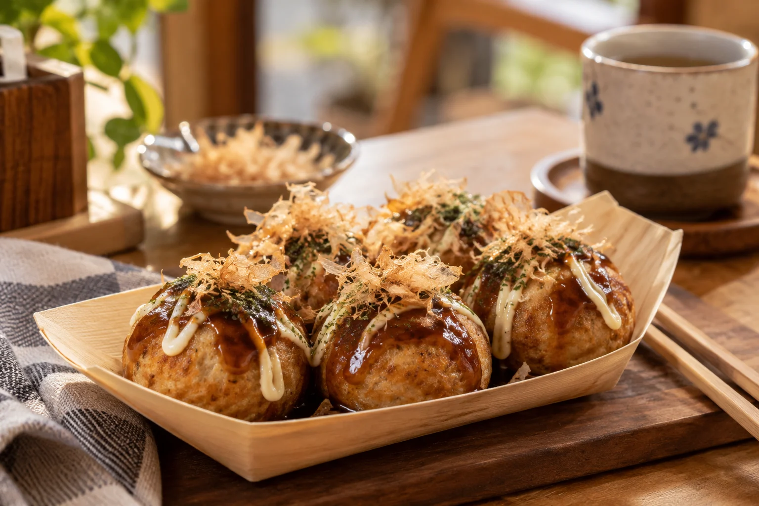 Enam takoyaki dengan saus, mayones, dan taburan bonito