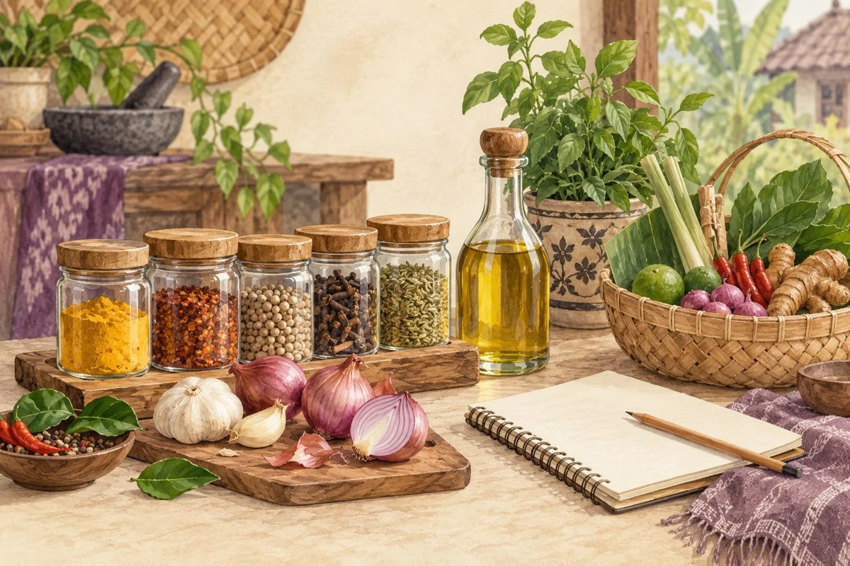 Ilustrasi aneka bumbu dapur yang tersusun dalam wadah