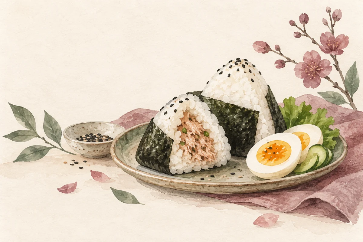 Ilustrasi onigiri untuk sarapan dengan nuansa krem, plum, dan sage
