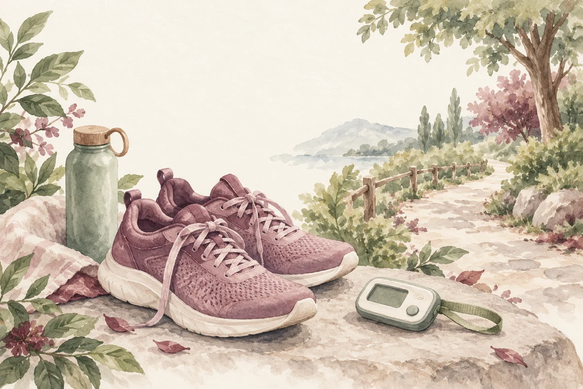 Ilustrasi target langkah harian dengan nuansa krem, plum, dan sage