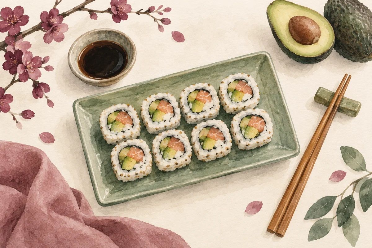 Ilustrasi kalori sushi 8 potong dengan nuansa krem, plum, dan sage
