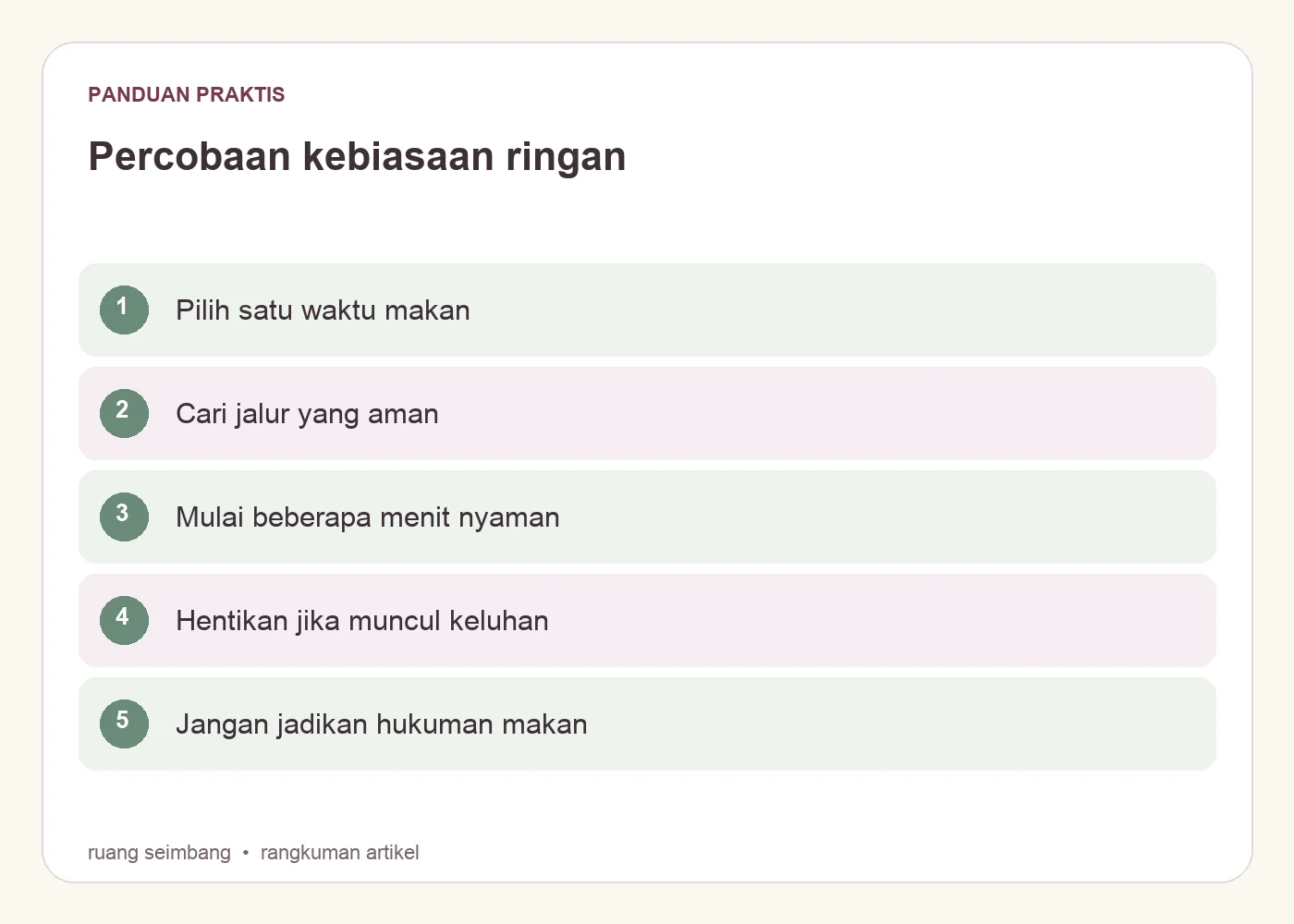Percobaan kebiasaan ringan. Pilih satu waktu makan. Cari jalur yang aman. Mulai beberapa menit nyaman. Hentikan jika muncul keluhan. Jangan jadikan hukuman makan