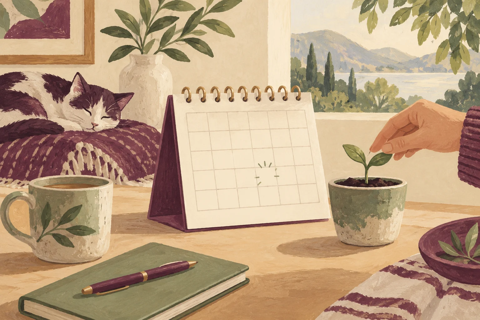 Ilustrasi kalender dengan satu ruang kosong dan tunas baru