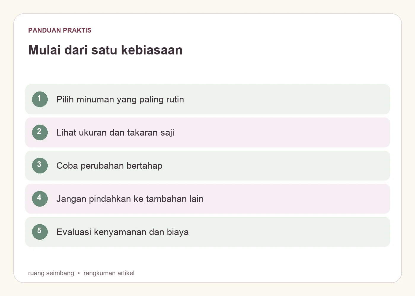 Mulai dari satu kebiasaan. Pilih minuman yang paling rutin. Lihat ukuran dan takaran saji. Coba perubahan bertahap. Jangan pindahkan ke tambahan lain. Evaluasi kenyamanan dan biaya