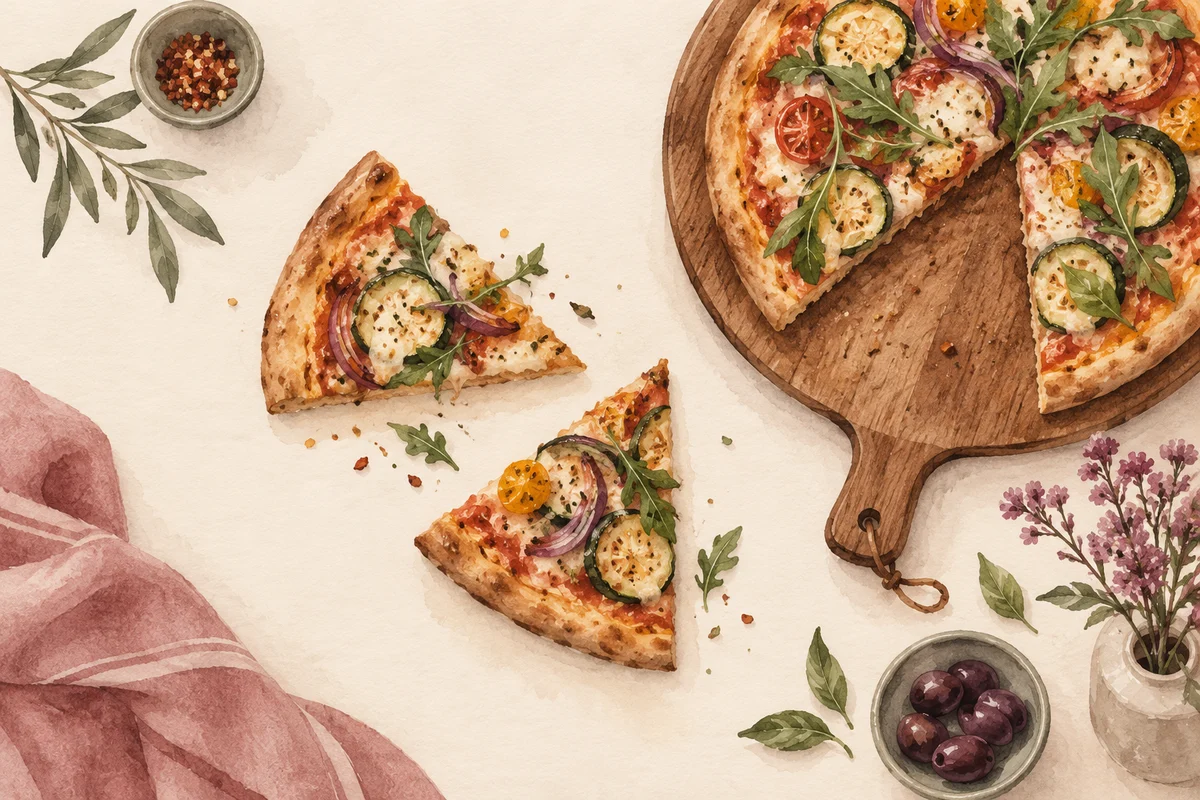 Ilustrasi kalori pizza 2 slice dengan nuansa krem, plum, dan sage