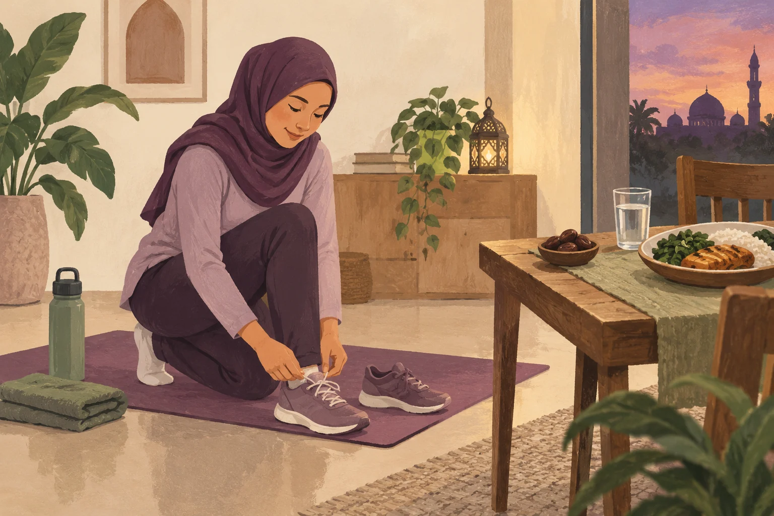 Ilustrasi perlengkapan olahraga dekat air minum dan hidangan berbuka