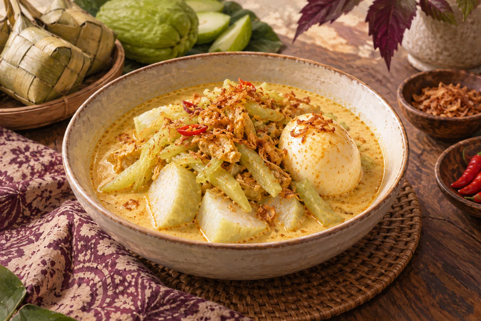 Ilustrasi lontong sayur labu santan dengan telur rebus