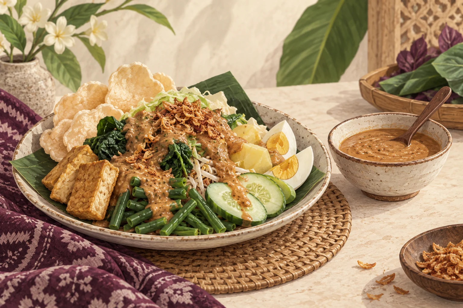 Ilustrasi gado-gado dengan bumbu kacang disajikan terpisah