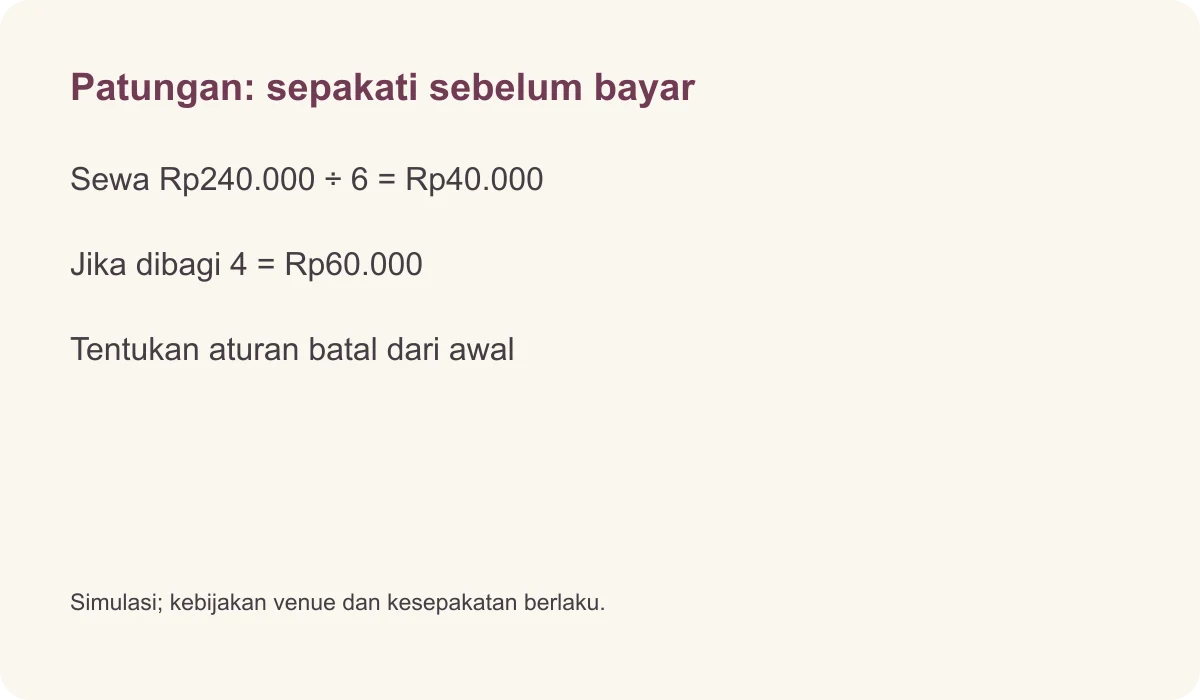 Patungan: sepakati sebelum bayar · Sewa Rp240.000 ÷ 6 = Rp40.000 · Jika dibagi 4 = Rp60.000 · Tentukan aturan batal dari awal · Simulasi; kebijakan venue dan kesepakatan berlaku.
