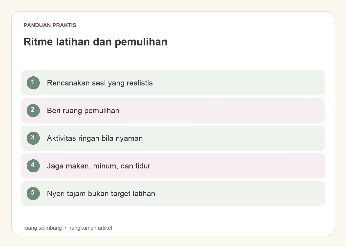 Ritme latihan dan pemulihan. Rencanakan sesi yang realistis. Beri ruang pemulihan. Aktivitas ringan bila nyaman. Jaga makan, minum, dan tidur. Nyeri tajam bukan target latihan