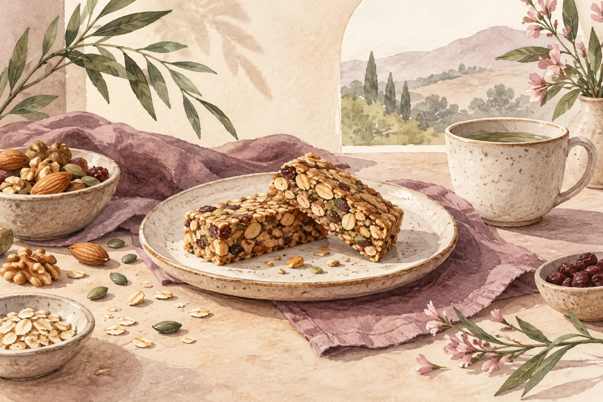 Ilustrasi dua protein bar tanpa merek, salah satunya dipotong, dengan kacang dan struk sederhana.