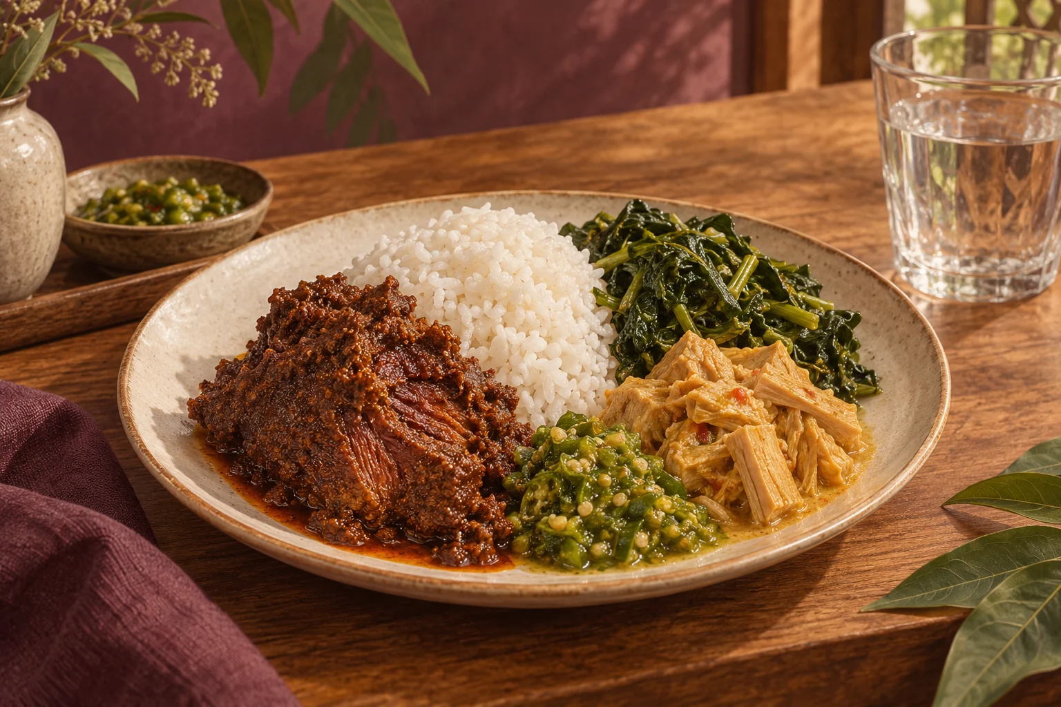 Ilustrasi sepiring nasi Padang dengan rendang, daun singkong, nangka, dan sambal hijau