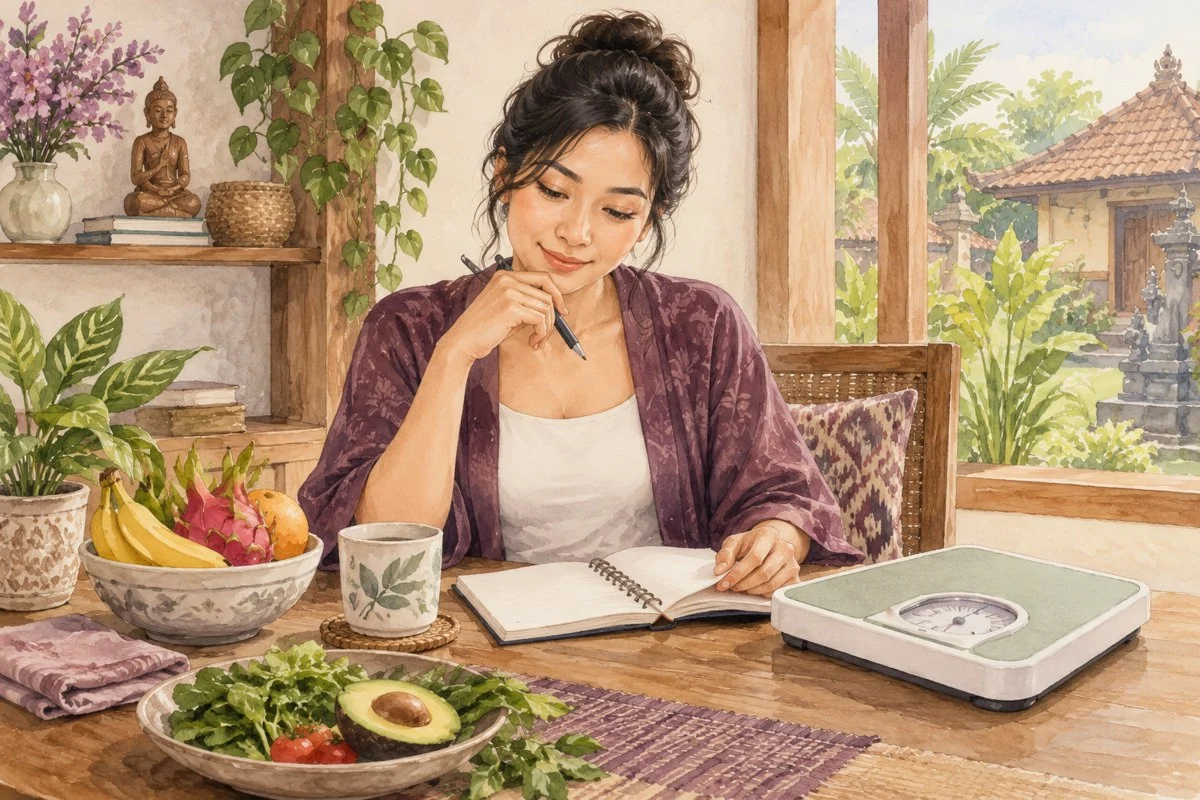 Ilustrasi timbangan dan catatan perubahan berat badan