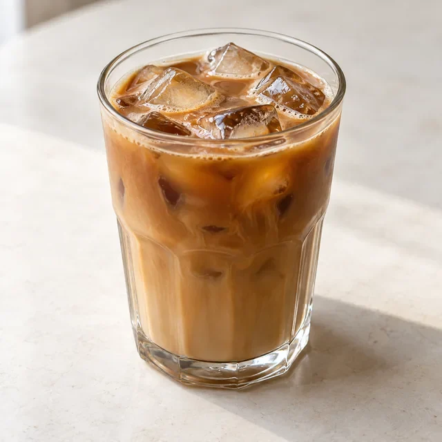 Contoh visual AI kopi susu sebagai ilustrasi minuman yang dapat memakai bahan susu berbeda.