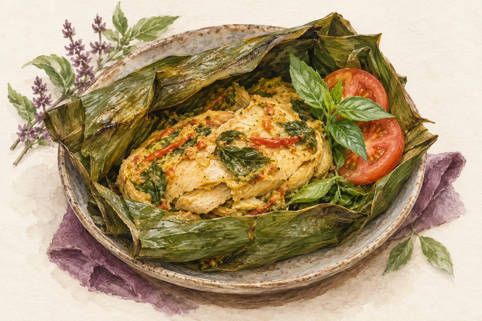 Ilustrasi watercolor pepes ayam untuk diet, harum tanpa digoreng