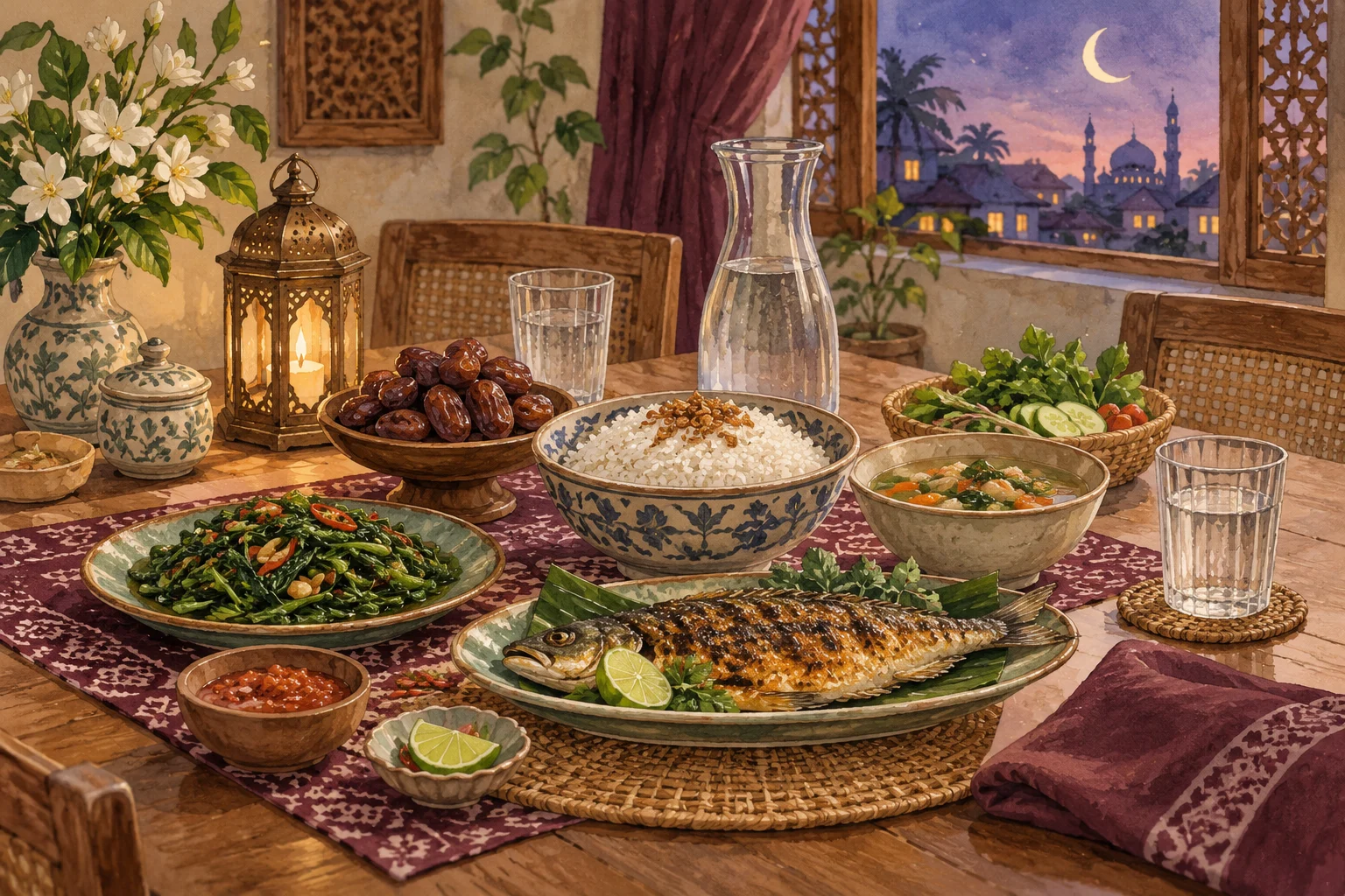 Ilustrasi watercolor: Hidangan sahur atau berbuka, kurma, dan air di meja hangat