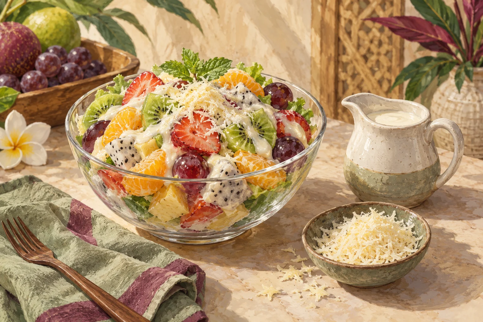 Ilustrasi salad buah dengan yoghurt, keju, dan saus terpisah