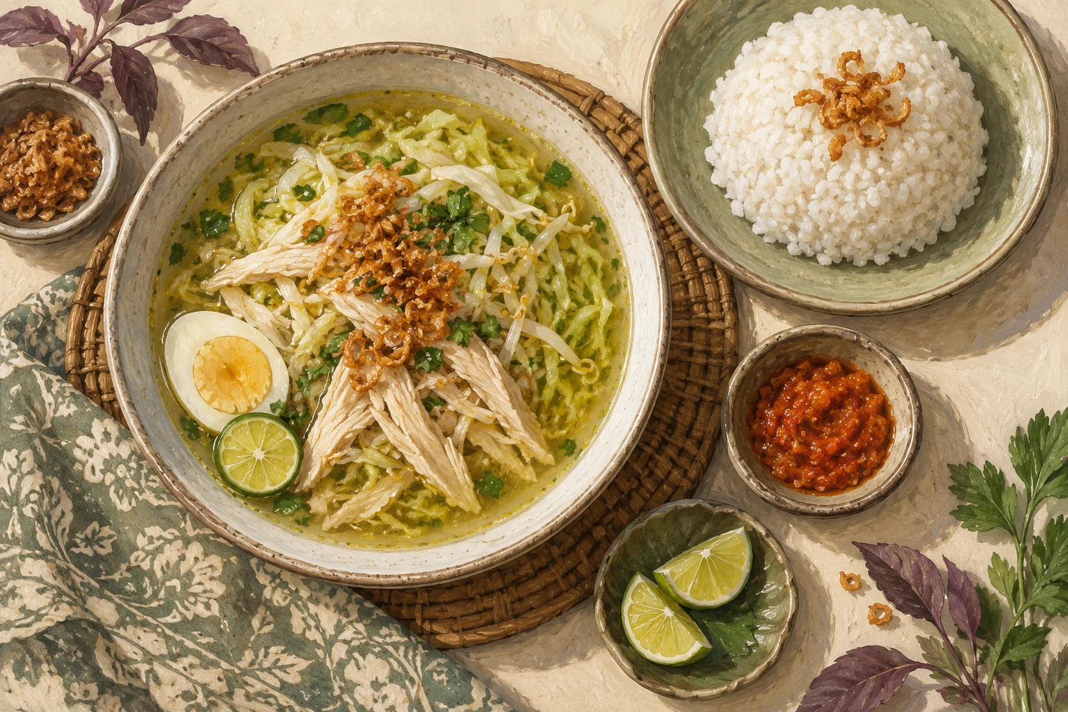Ilustrasi soto ayam bening dengan nasi di piring terpisah