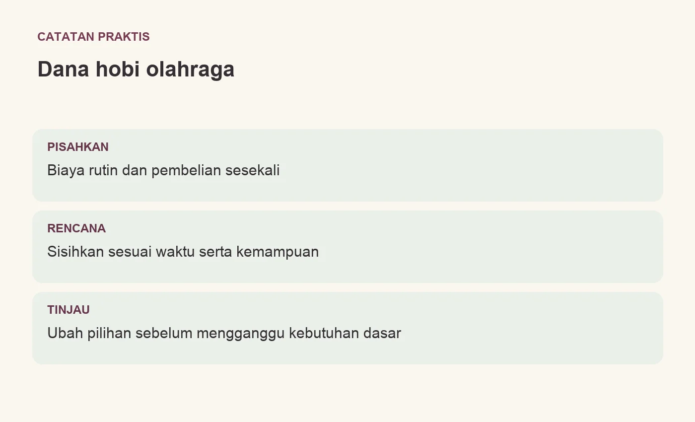 Dana hobi olahraga. PISAHKAN: Biaya rutin dan pembelian sesekali. RENCANA: Sisihkan sesuai waktu serta kemampuan. TINJAU: Ubah pilihan sebelum mengganggu kebutuhan dasar