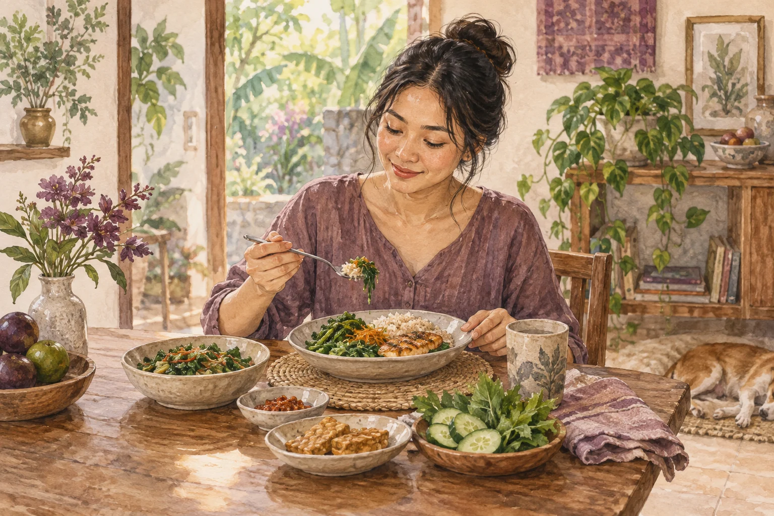 Ilustrasi watercolor seseorang menikmati makan dengan porsi yang nyaman.