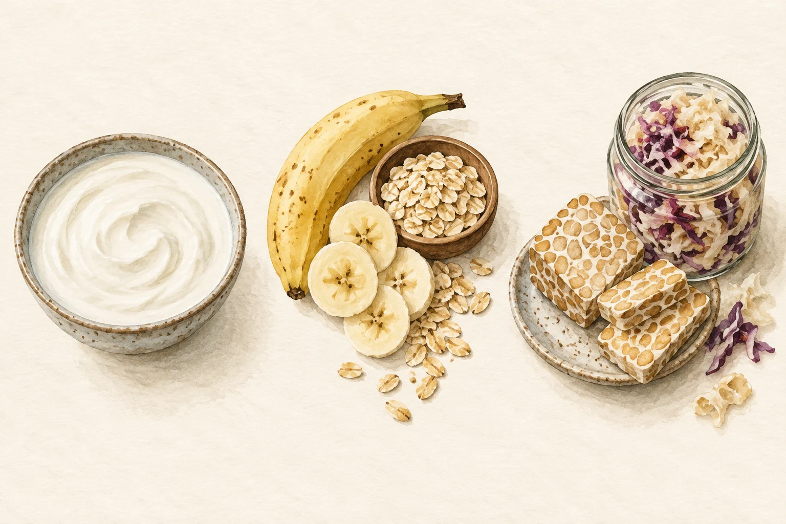 Ilustrasi yoghurt, pisang, oat, tempe, dan sayuran fermentasi untuk membandingkan kelompok makanan.