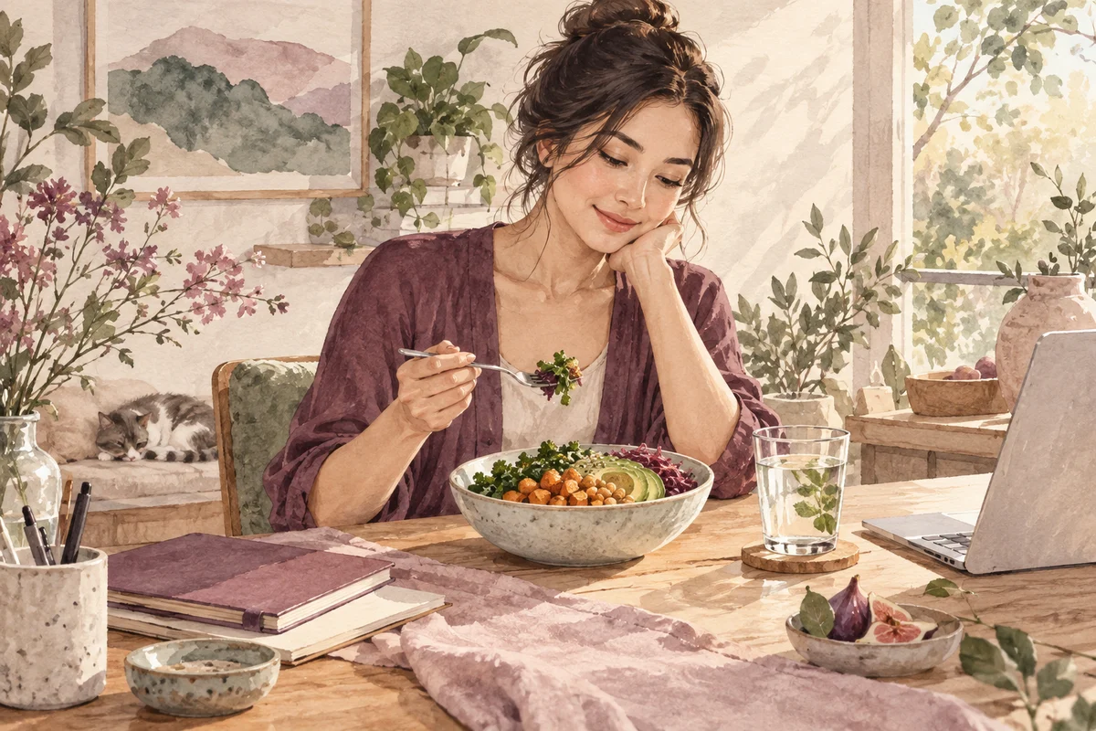 Ilustrasi orang mengambil jeda kerja untuk makan lengkap dan minum air.
