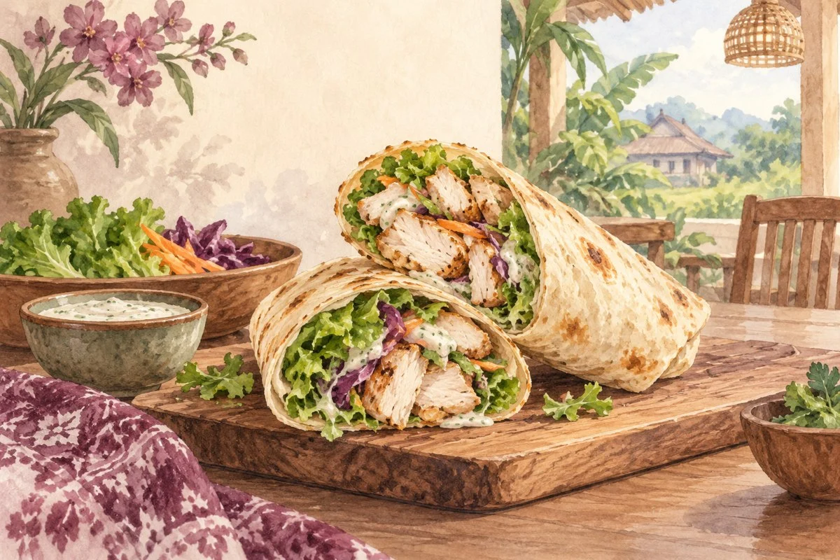 Ilustrasi chicken wrap dengan ayam, sayuran, dan saus
