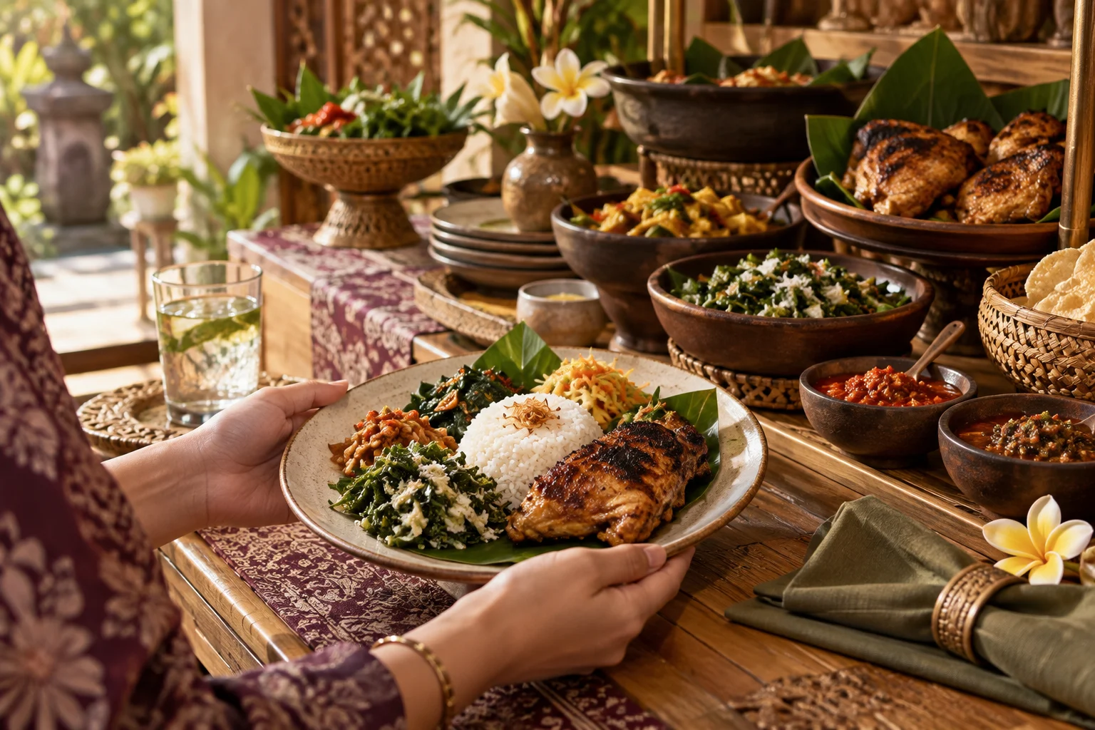 Ilustrasi piring prasmanan dengan nasi, sayur, ayam, dan saus