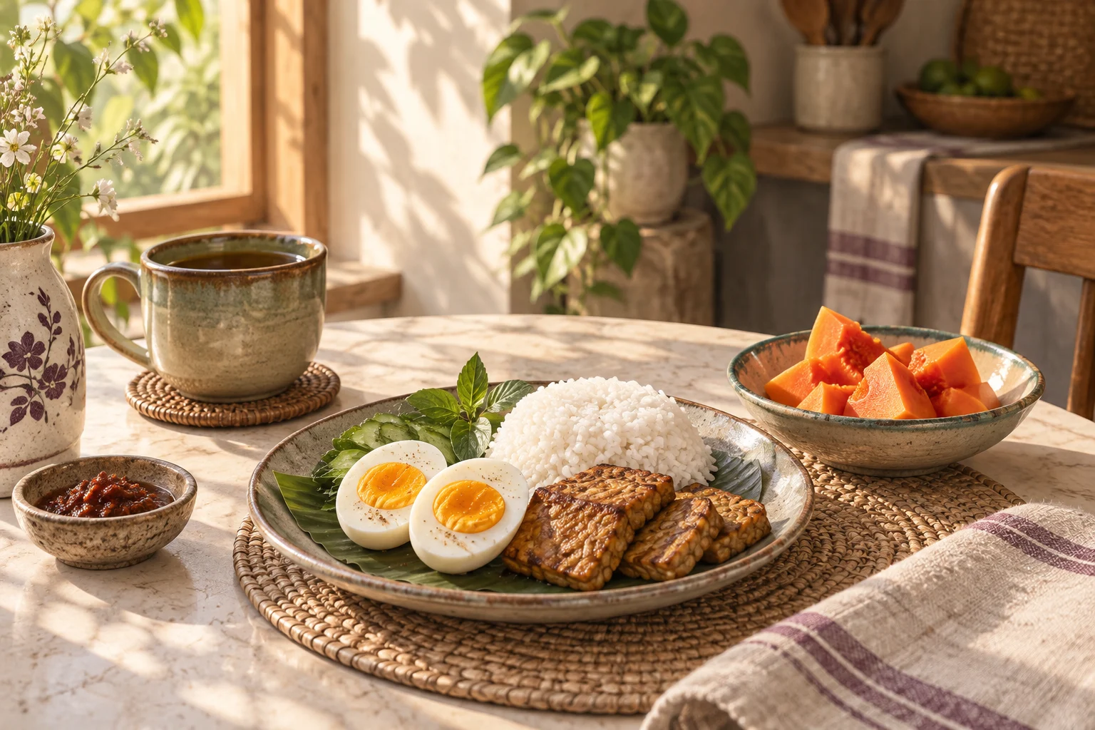 Ilustrasi sarapan telur, tempe, nasi, dan pepaya