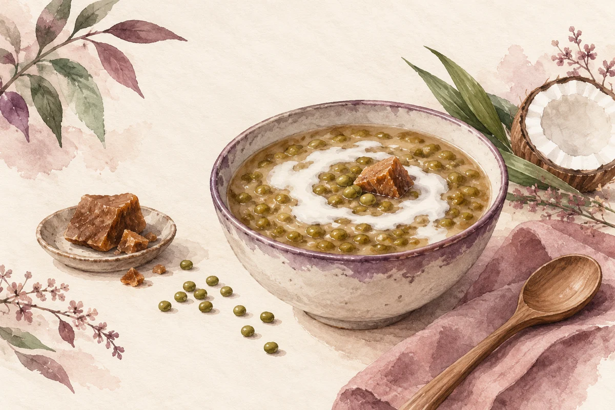 Ilustrasi bubur kacang hijau untuk diet dengan nuansa krem, plum, dan sage