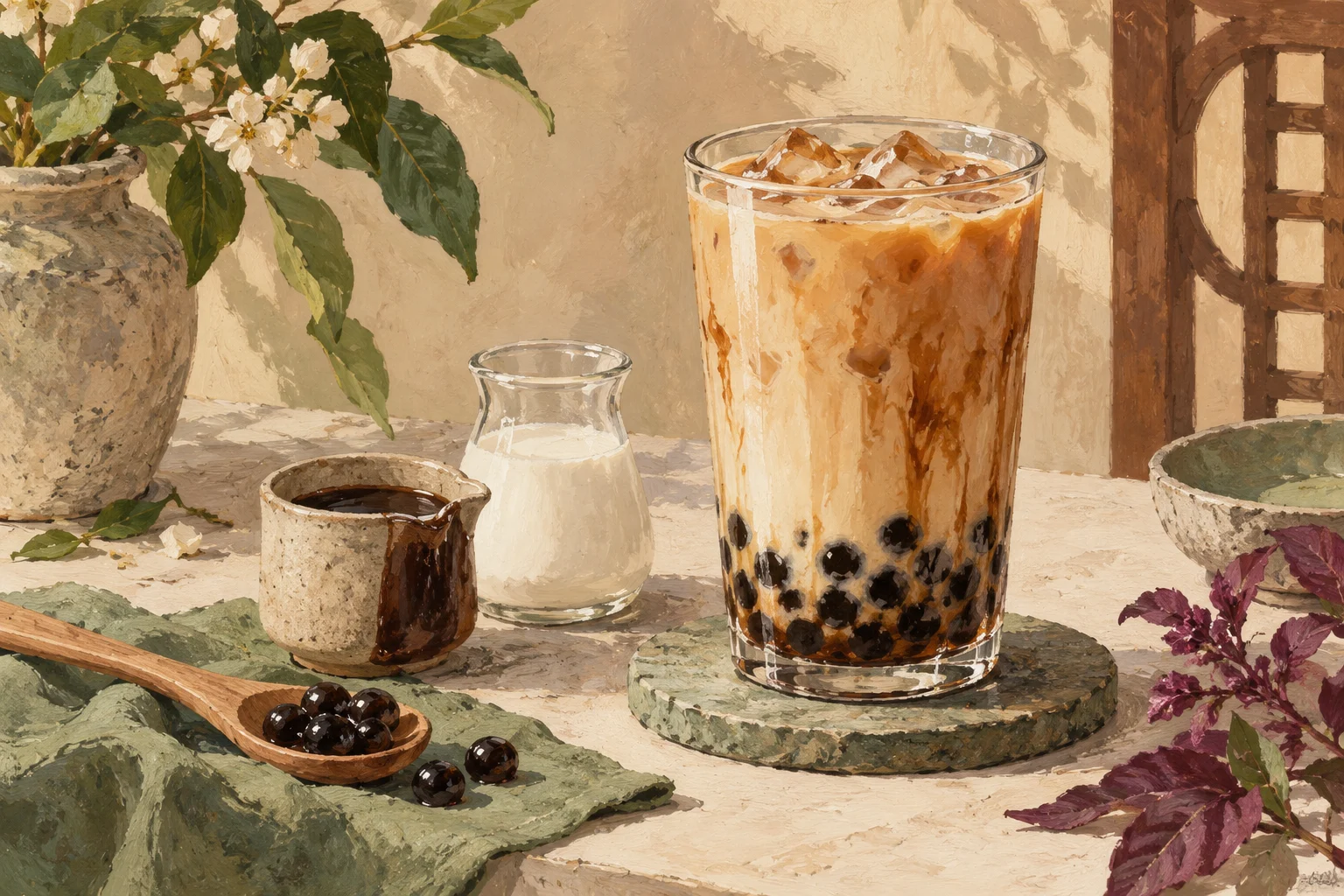 Ilustrasi milk tea dengan boba, susu, dan takaran gula