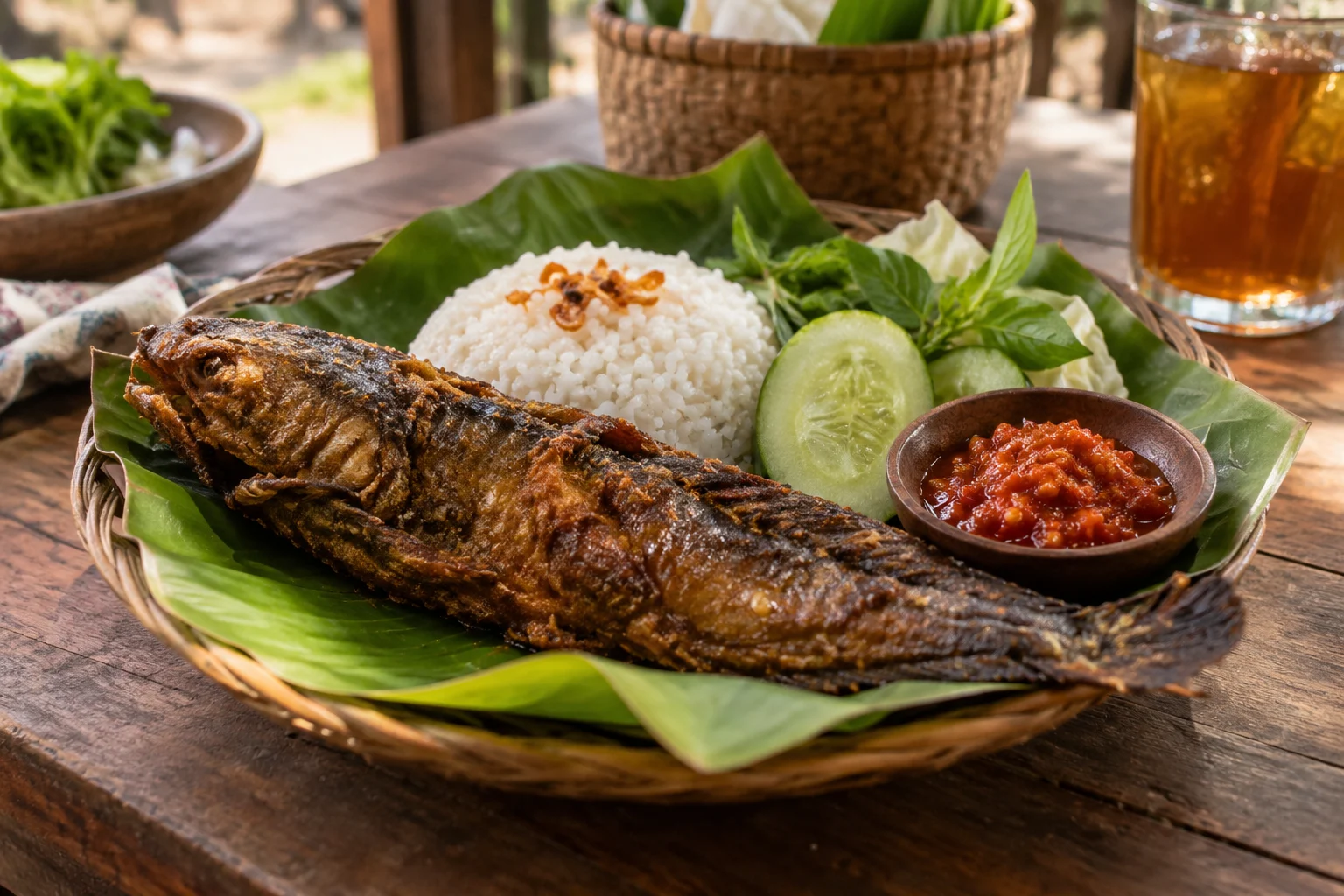 Lele goreng dengan nasi, sambal tomat, dan lalapan