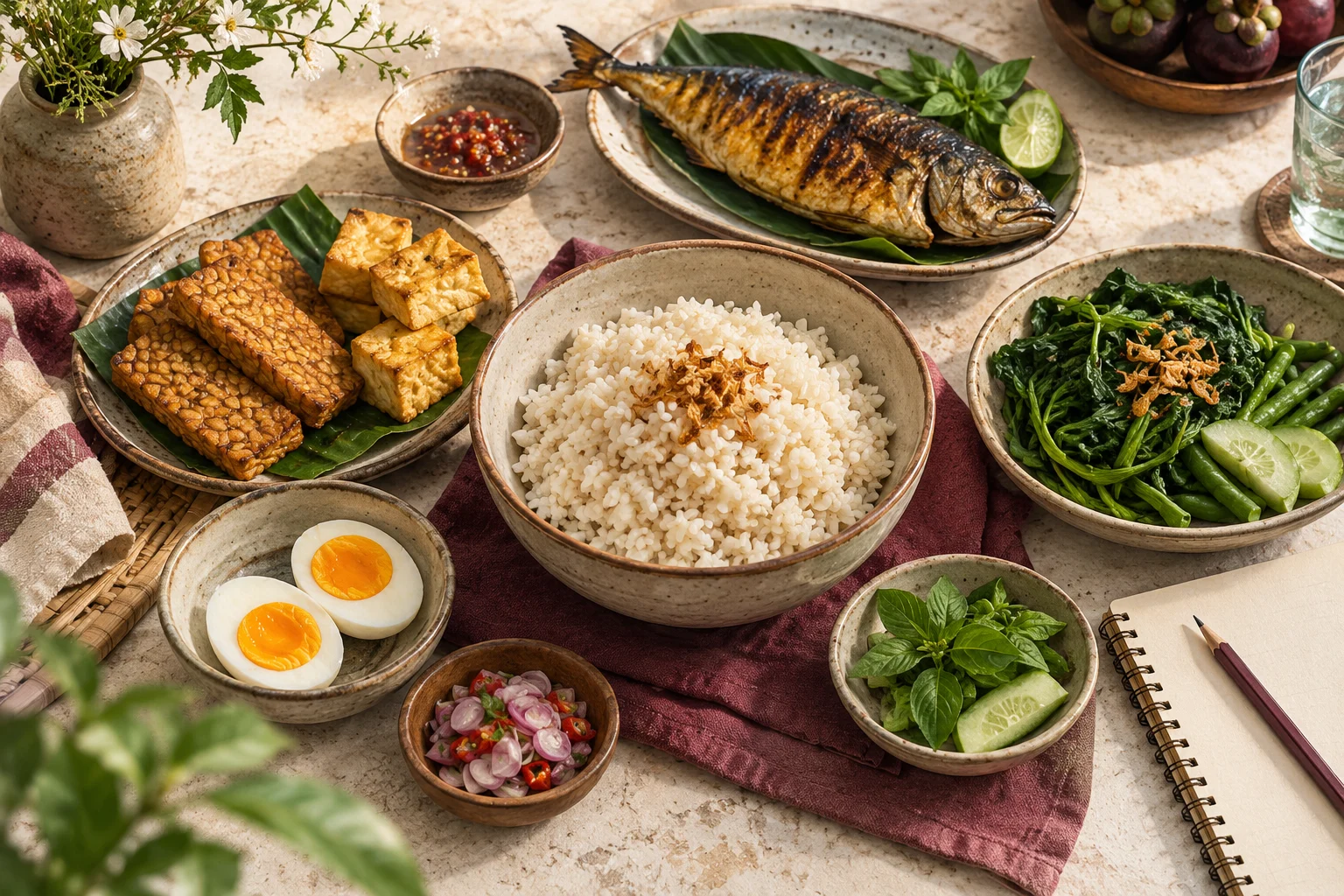 Ilustrasi nasi, ikan, telur, tahu, tempe, dan sayuran di meja makan