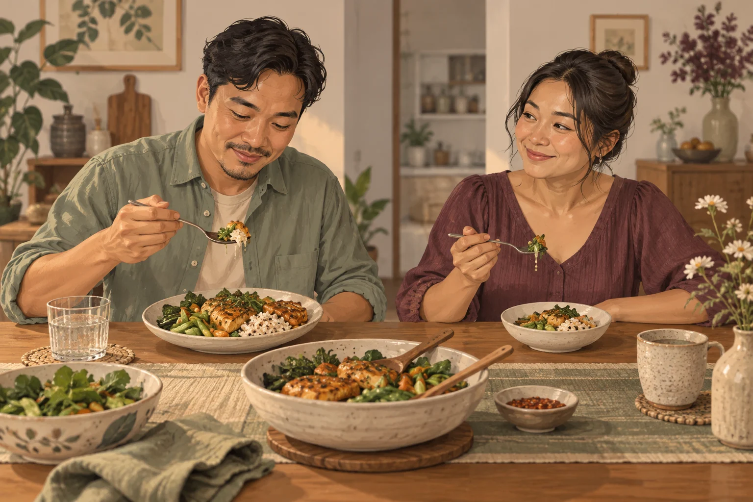 Ilustrasi pasangan makan menu yang sama dengan porsi berbeda