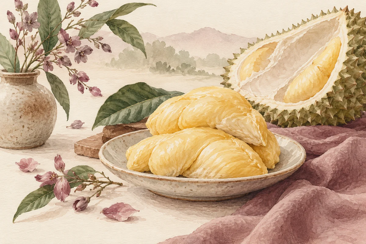 Ilustrasi daging durian dalam piring kecil dengan kulit durian di belakang.