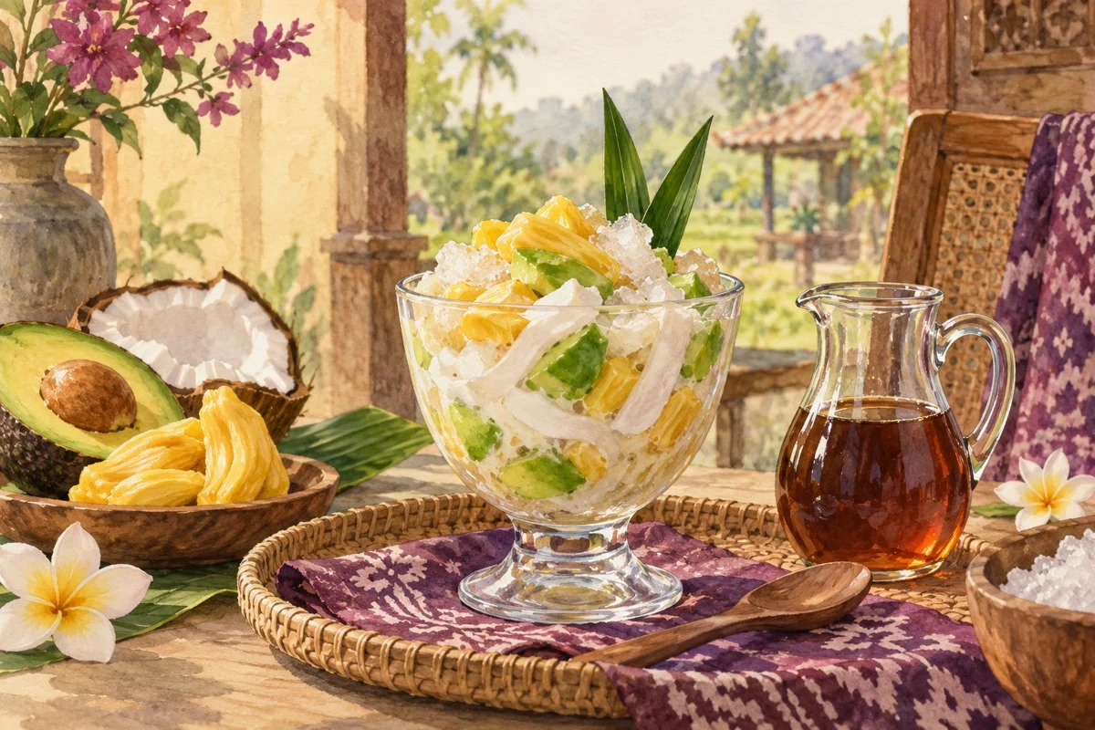 Ilustrasi es teler berisi buah dengan kuah susu dan santan