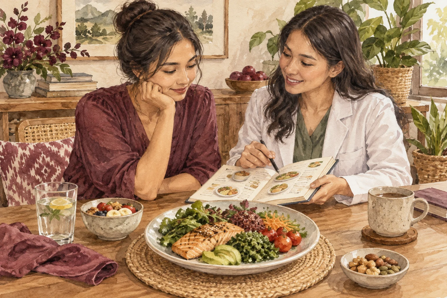 Ilustrasi watercolor: Kalkulator, catatan kebutuhan energi, dan makanan di meja