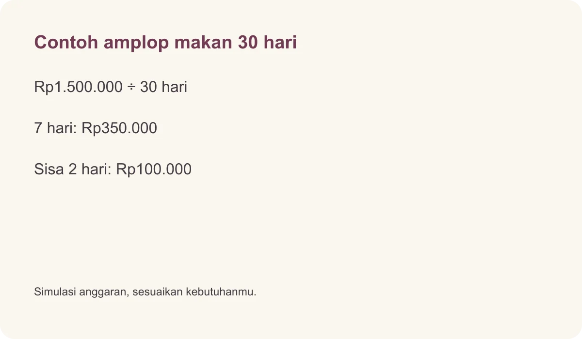 Contoh amplop makan 30 hari · Rp1.500.000 ÷ 30 hari · 7 hari: Rp350.000 · Sisa 2 hari: Rp100.000 · Simulasi anggaran, sesuaikan kebutuhanmu.
